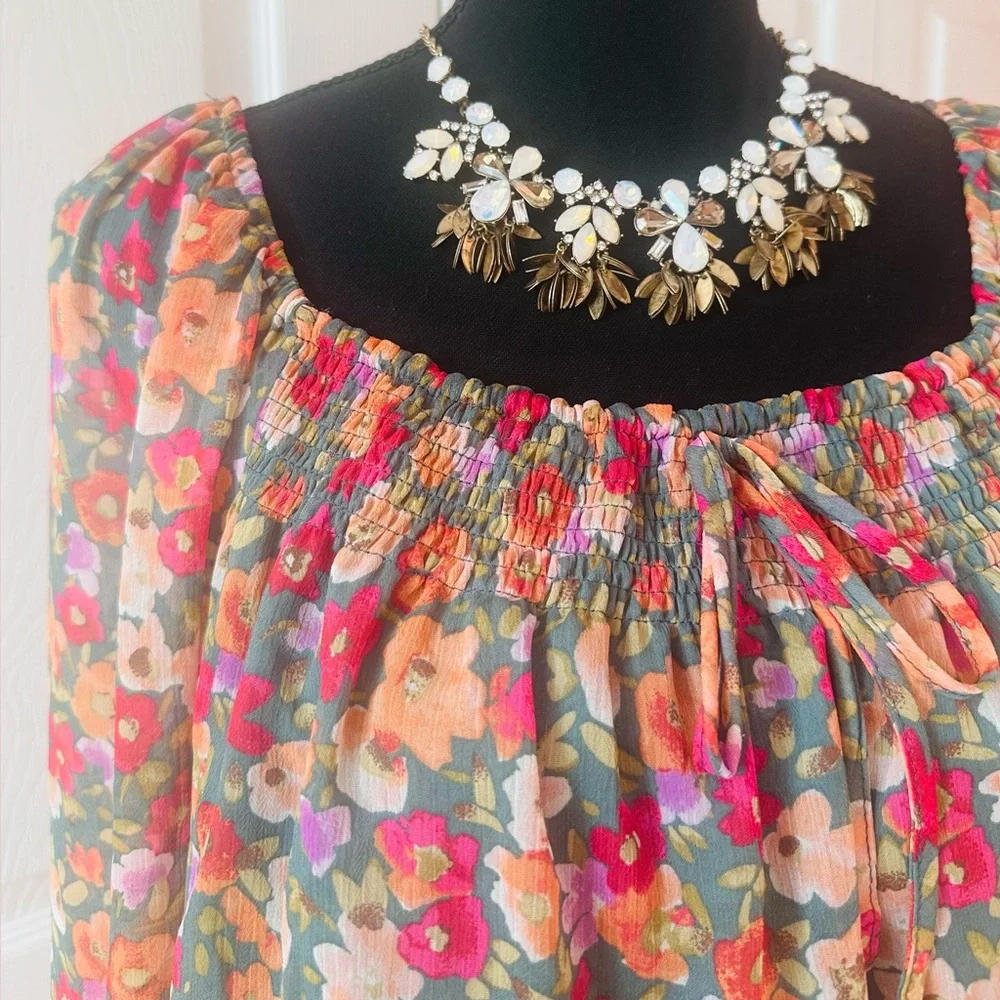 LC LAUREN CONRAD ~ Floral Sheer Long Sleeve Blouse Pink and Orange Drop Waist